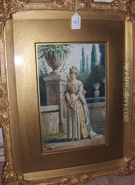 Lady With Fan Standing Beside A Classicalgarden Urn, Signed And Dated '75, Watercolour Oil Painting - Achille De Dominicis