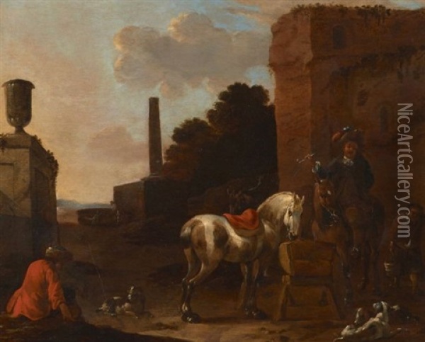 Halte De Cavaliers Dans Un Village Oil Painting - Simon Johannes van Douw