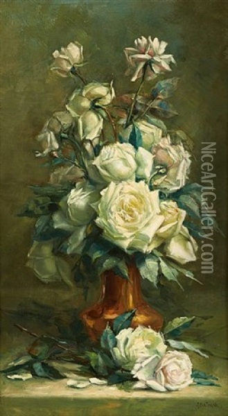 Vase Fleuri De Roses Blanches Oil Painting - Jean Baptiste Coene
