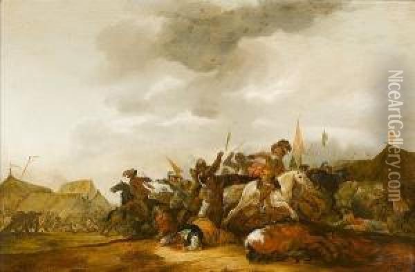 A Calvary Skirmish Before A Military Encampment Oil Painting - Jan Jacobsz. Van Der Stoffe