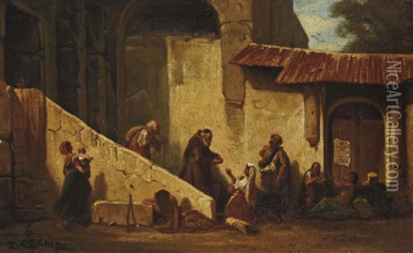 Moine Aupres De Mendiants Dans Une Cour Oil Painting - Alexandre Gabriel Decamps