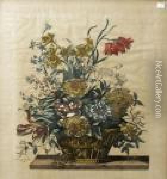A Vase Of Flowers On A Ledge - Oil Painting - Jean-Baptiste Monnoyer
