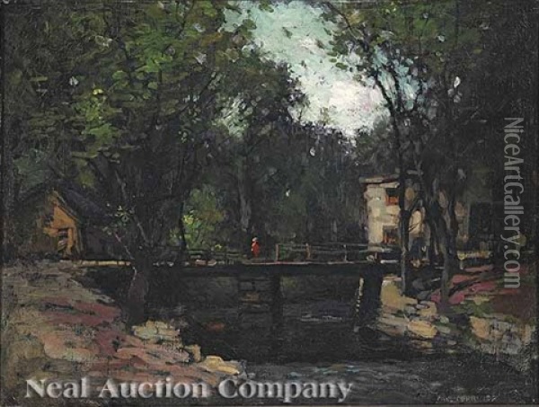 A Bridge Over A Stream (cos Cob, Connecticut?) Oil Painting - Paul Cornoyer