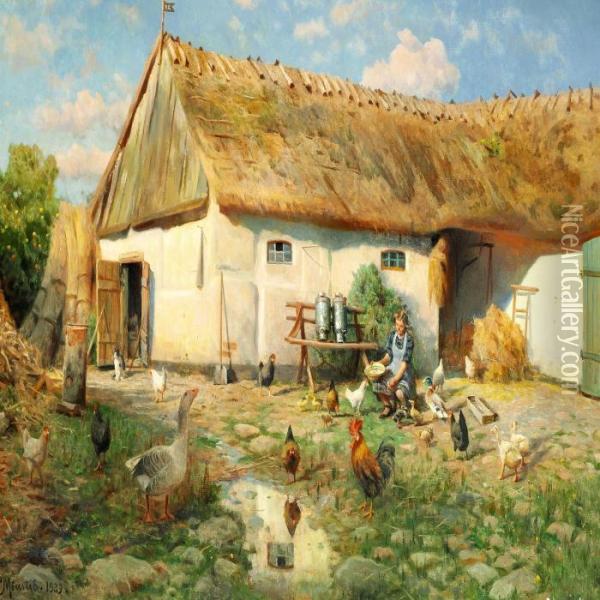 Evening Sun In An Old Ramshackle Poultry Run, Hosterkob Oil Painting - Peder Mork Monsted