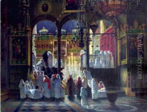 Ceremonie Religieuse Dans L'eglise Du Saint-sepulcre A Jerusalem Oil Painting - Johann-Ludwig Rudolf Durheim
