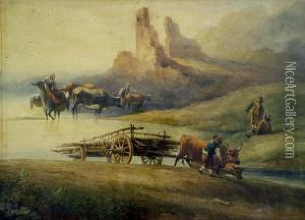 Crossing The Ford, Morning Oil Painting - C. John Mayle Whichelo