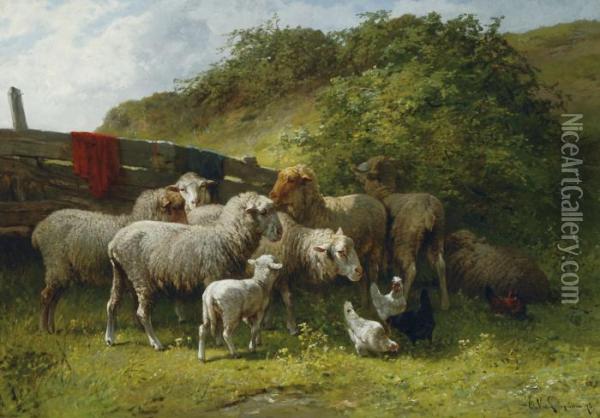 Sheep And Chicken Bythe Fence Oil Painting - Cornelis van Leemputten
