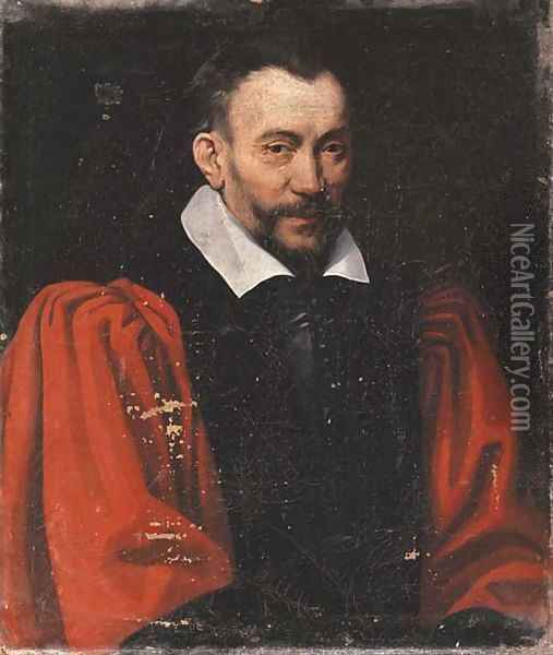 Portrait of a gentleman, bust-length, in a red shirt and black waistcoat Oil Painting - Domenico Tintoretto