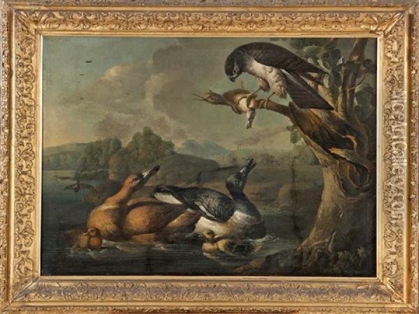 Lake Scene With Ducks And A Hawk Oil Painting - Melchior de Hondecoeter