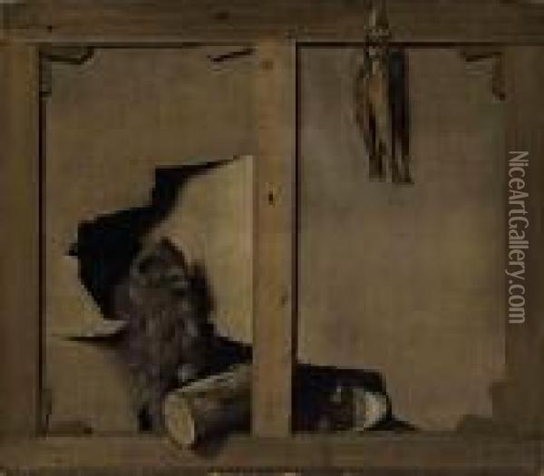 A Trompe-l'oeil With A Cat And A
 Wooden Log Through A Canvas, Fish Hanging From The Stretcher Oil Painting - Louis Leopold Boilly