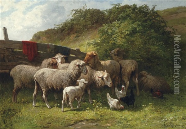 Moutons Et Poules Oil Painting - Cornelis van Leemputten