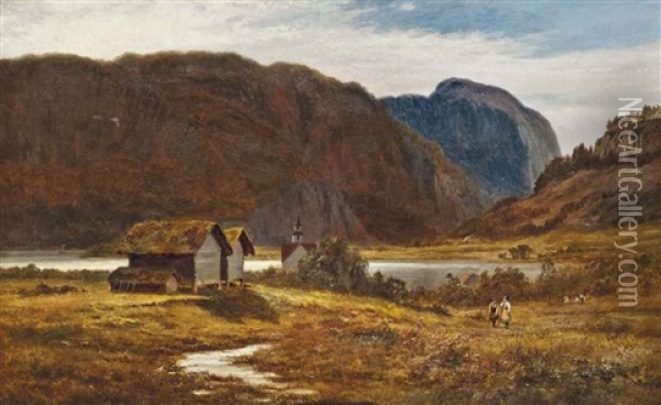 On The Shores Of A Lake, With A Church Beyond, Bygland, Norway (+ Berry Pickers, Bygland, Norway; Pair) Oil Painting - Robert Gallon