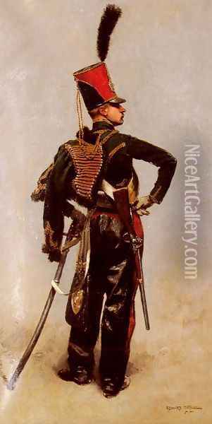 A Rank Soldier of the 7th Hussar Regiment Oil Painting - Jean Baptiste Edouard Detaille