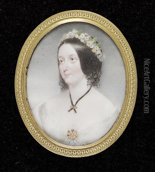 Geraldine Perceval, Wearing White Dress With Brooch At Her Corsage, Black Ribbon Held With A Gold Slide And Garland Of Flowers In Her Dark Hair Oil Painting - James Holmes Junior