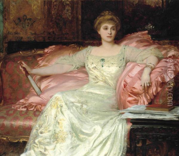 Portrait Of Mrs W. K. D'arcy, Seated, Three-quarter Length, In Anopulent Interior Oil Painting - Dicksie Frank