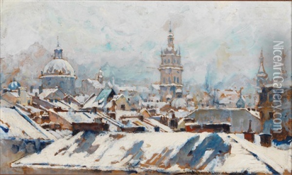 Snow-covered Roofs Oil Painting - Jan Kazimierz Kusmidrowicz