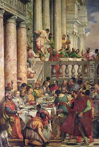 The Marriage Feast at Cana, detail of the left hand side, c.1562 Oil Painting - Paolo Veronese (Caliari)