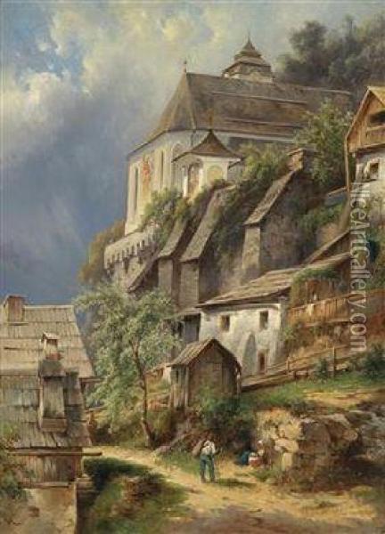 Scene From Hallstatt With A View Of The Church Oil Painting - Karl Franz Emanuel Haunold