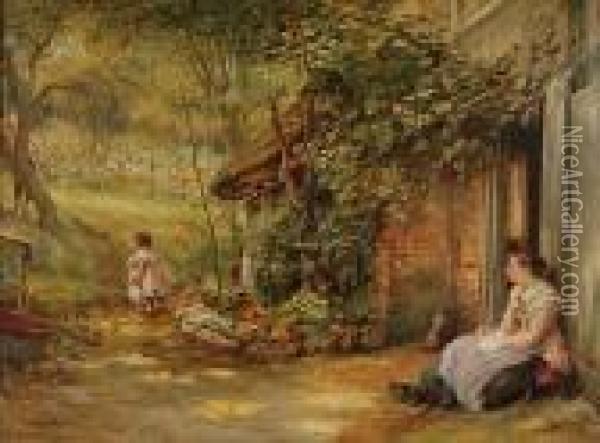 A Mother And Children Ourside A Wooded Cottage Oil Painting - Alfred Walter Bayes