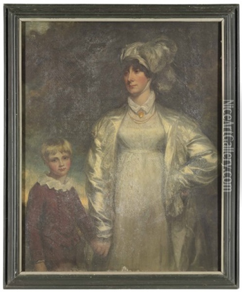Portrait Of A Lady And Her Son, The Former Three-quarter Length, In A White Dress Oil Painting - John Opie