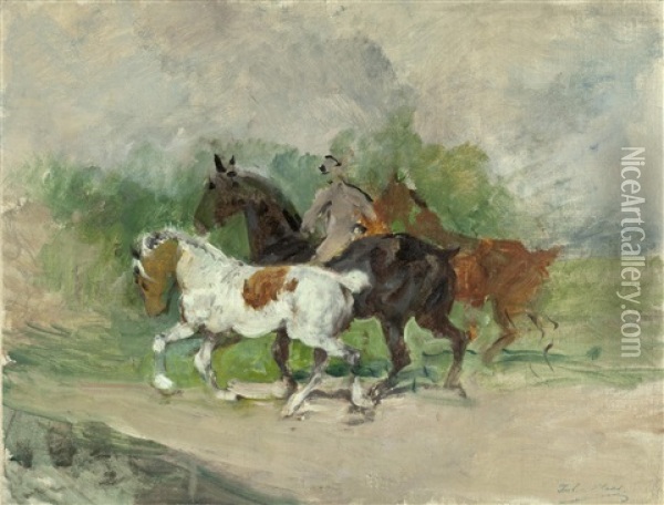 Reiter Mit Zwei Ungesattelten Beipferden Oil Painting - Julius von Blaas