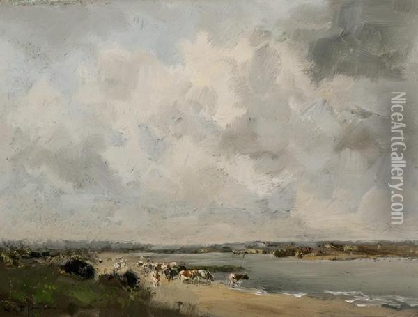 Cows By The Riverbank Oil Painting - Willem George Fred. Jansen