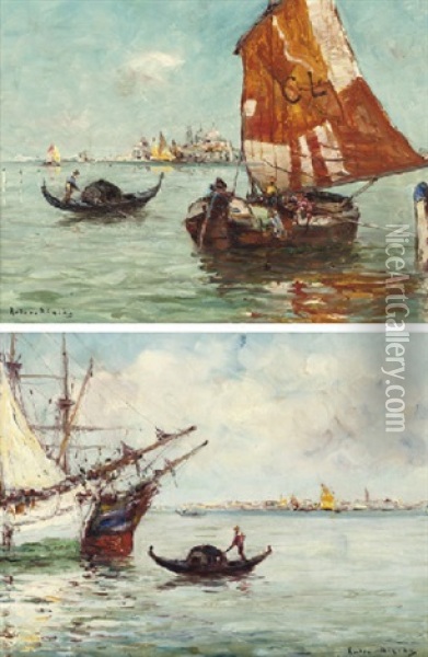 Sailing-vessels And Gondolas, Venice (+ Another; Pair) Oil Painting - Antonius Bernardus Dirckx
