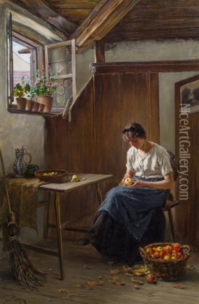 Junge Frau Beim Apfelschalen Oil Painting - Carl Zewy