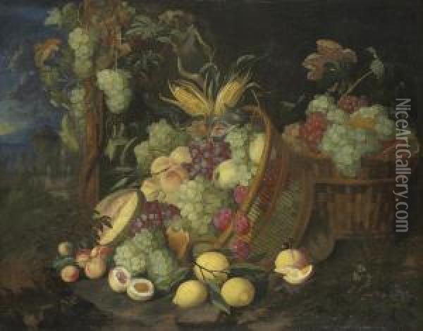 Grapes, Nectarines, Peaches, Plums, Figs And A Melon In An Upturned Basket, In A Landscape Oil Painting - Thomas Mertens