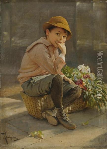 Guarding The Flower Basket Oil Painting - Karl Karol Witkowski /