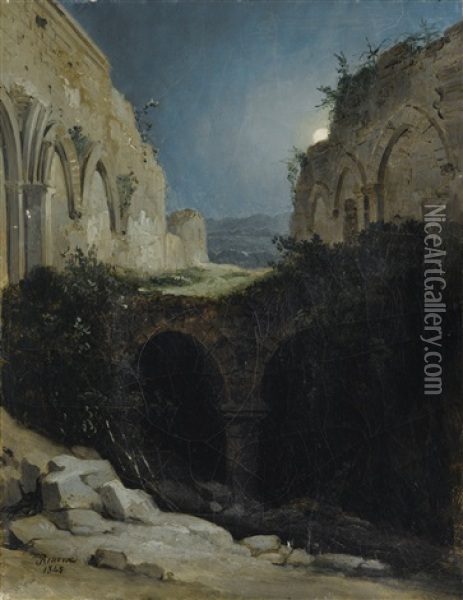 Paysage Nocturne Avec Les Ruines D'une Eglise Oil Painting - Charles Caius Renoux