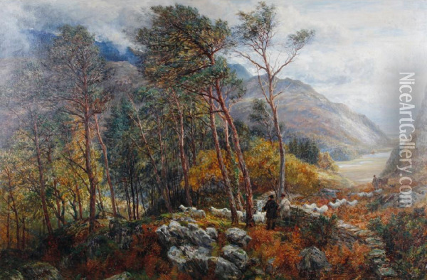 Figures And Sheep On A Woodland Path With A Mountainous Landscape Beyond Oil Painting - Charles Thomas Burt