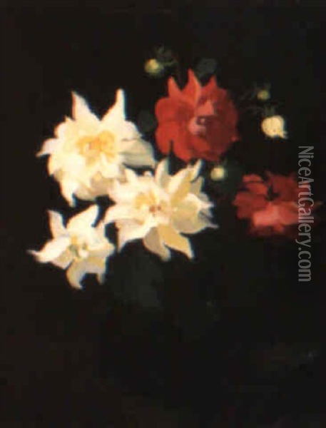 Red And White Dahlias Oil Painting - Stuart James Park