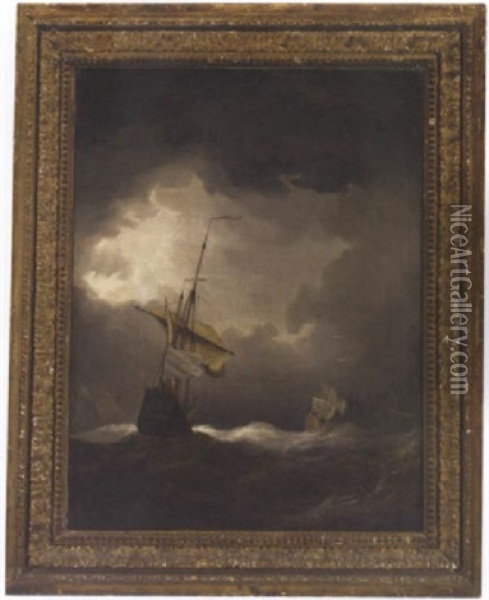 French And British Men-o'war In A Swell After Dark Oil Painting - Johan (J. C.) van der Hagen