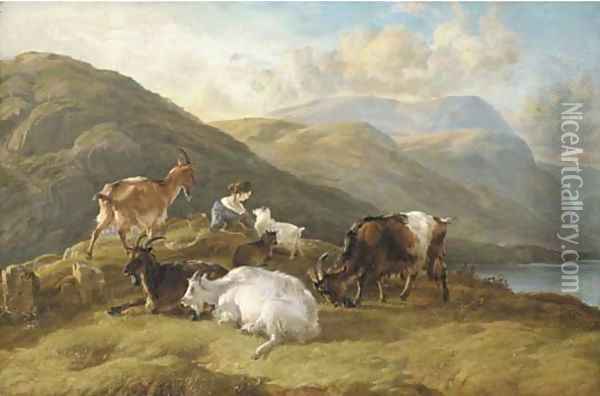 Highland landscape with a girl and goats Oil Painting - Thomas Sidney Cooper