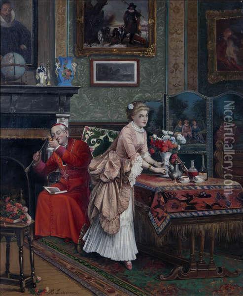 Burgerlijk Interieur Met Pijprokende Kardinaal En Bloemenschikkend Meisje Oil Painting - Henri Adolphe Laissement