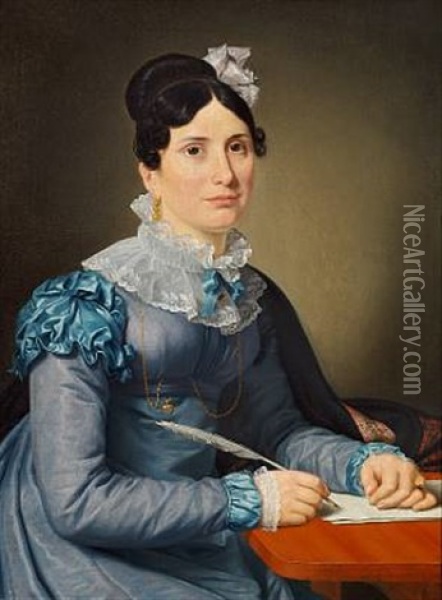 A Portrait Of Sarah Wolff Nee Cruttendon In A Blue Dress, ?writing A Letter Oil Painting - Christoffer Wilhelm Eckersberg