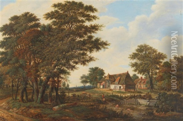 A Wooded Landscape With A Farmstead Oil Painting - Pietersz (Pieter) Barbiers