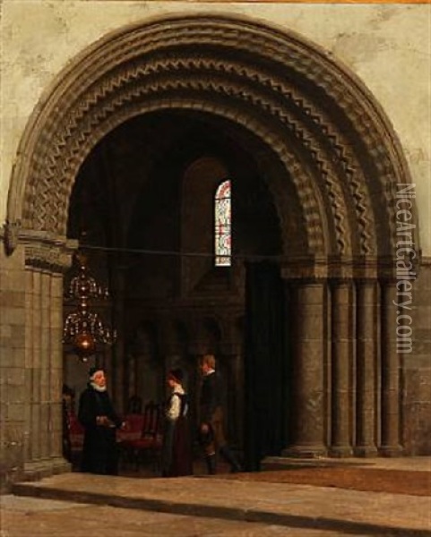 A Vicar Receiving A Young Couple At A Church Door Oil Painting - Heinrich Hansen