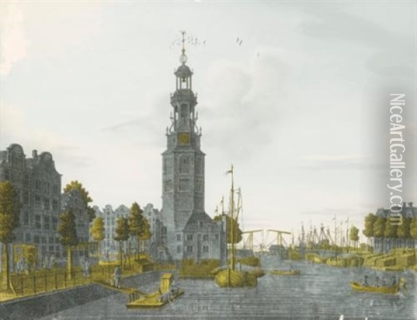 Amsterdam, A View From The Ridderbrug Across The Oude Schans Toward The North-east Overlooking The Kikkerbilsluis, The Gravenhekje To The Right And The Montelbaans Toren To The Left Oil Painting - Jonas Zeuner