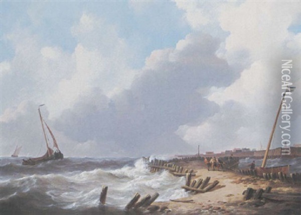 Shipping In Choppy Waters, Dordrecht In The Distance Oil Painting - Johannes Christiaan Schotel