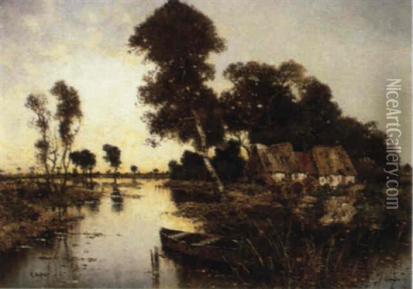 Cottages In Marshes At Sunset Oil Painting - Karl Heffner