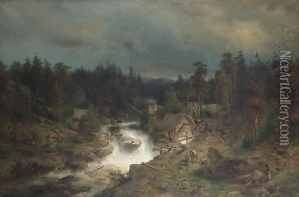 Old Mill At The Waterfall Oil Painting - Herman Herzog