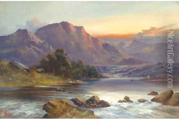 A Highland landscape at sunset Oil Painting - John Henry Boel