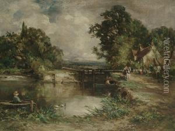 Figures By A Canal Lock Oil Painting - Francis Abel William Armstrong