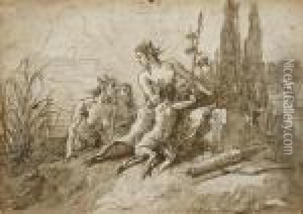 A Satyr Family In A Landscape Oil Painting - Giovanni Domenico Tiepolo