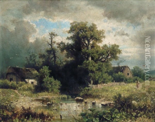 Bauernkaten Am Weiher Oil Painting - Adolf Chwala