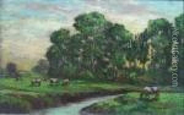 Cattle By The River Oil Painting - William Greaves