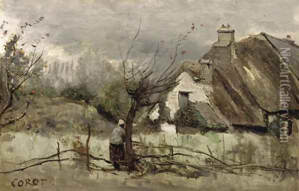 Thatched cottage in Picardie Oil Painting - Jean-Baptiste-Camille Corot