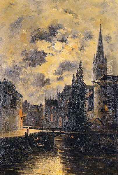 A Moonlit Canal Oil Painting - Stanislas Lepine